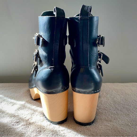 Swedish Hasbeens Buckle Boots Black Leather Platform Clog Shoes US 9 EU 39 - Picture 4 of 11